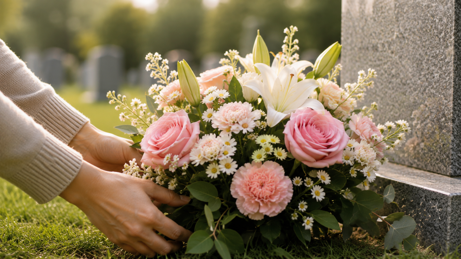 Fresh flowers being gently placed beside a headstone