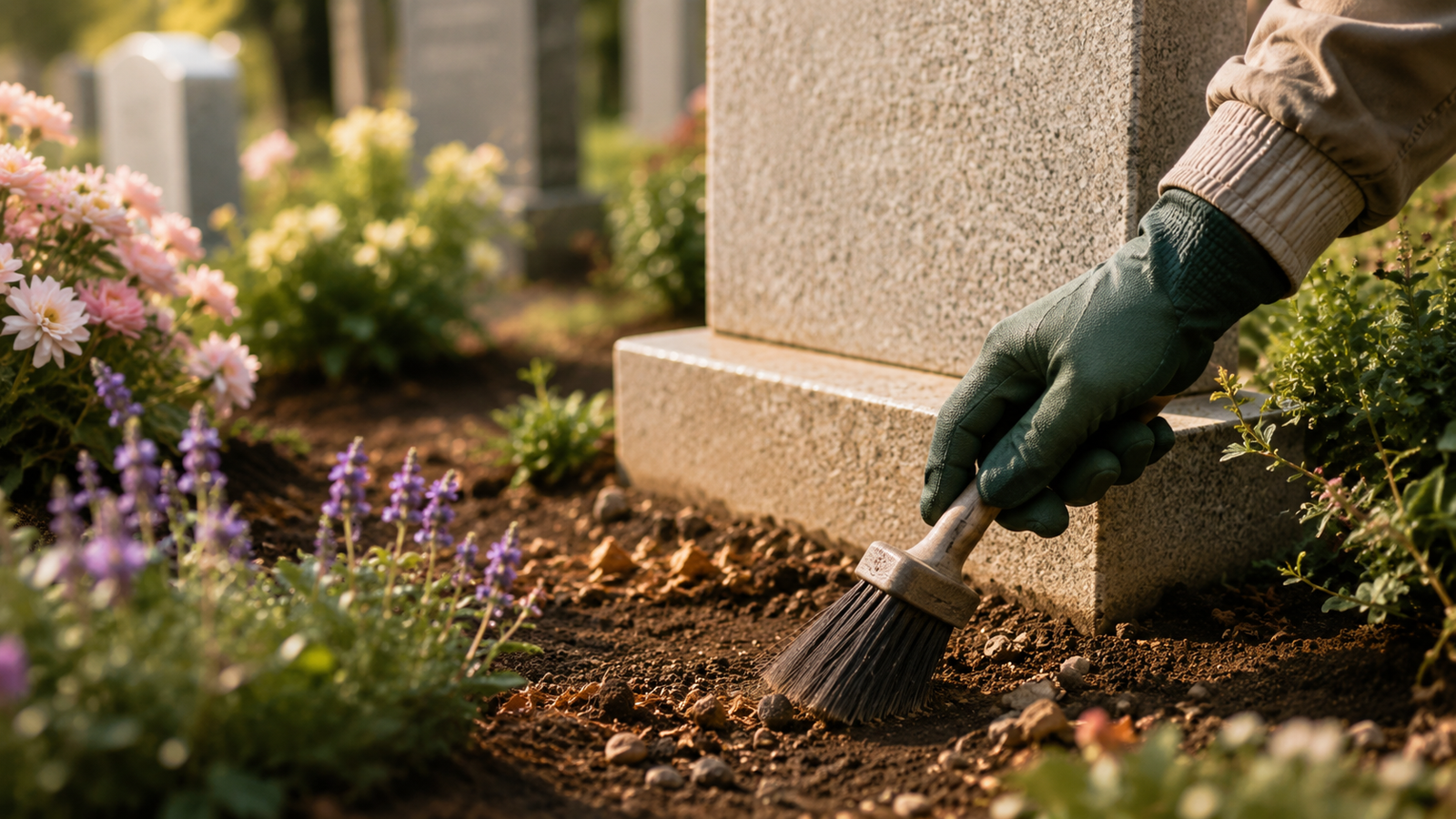 A grave area being gently tidied with care