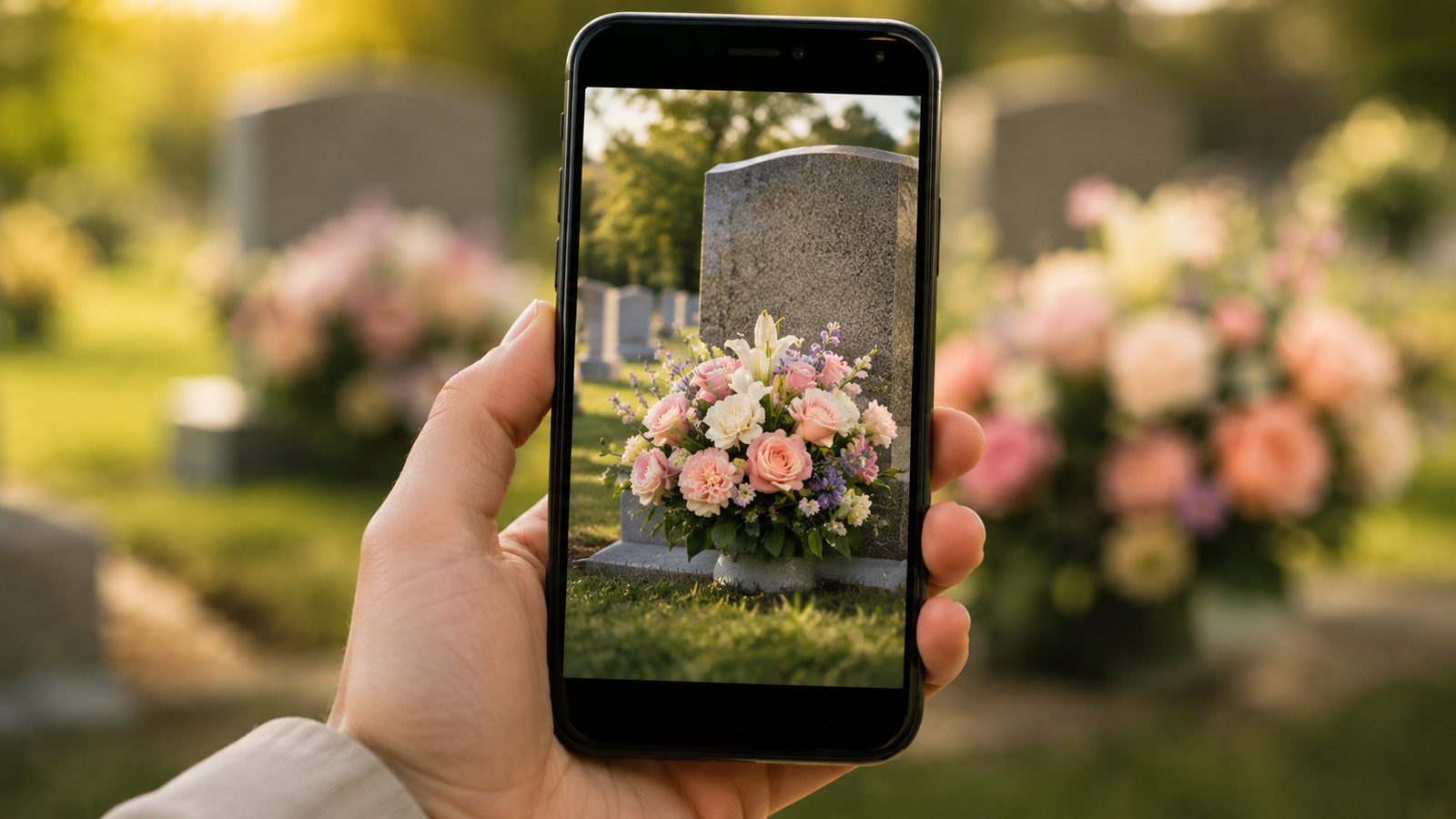 A phone showing a photo confirmation of flowers at a grave